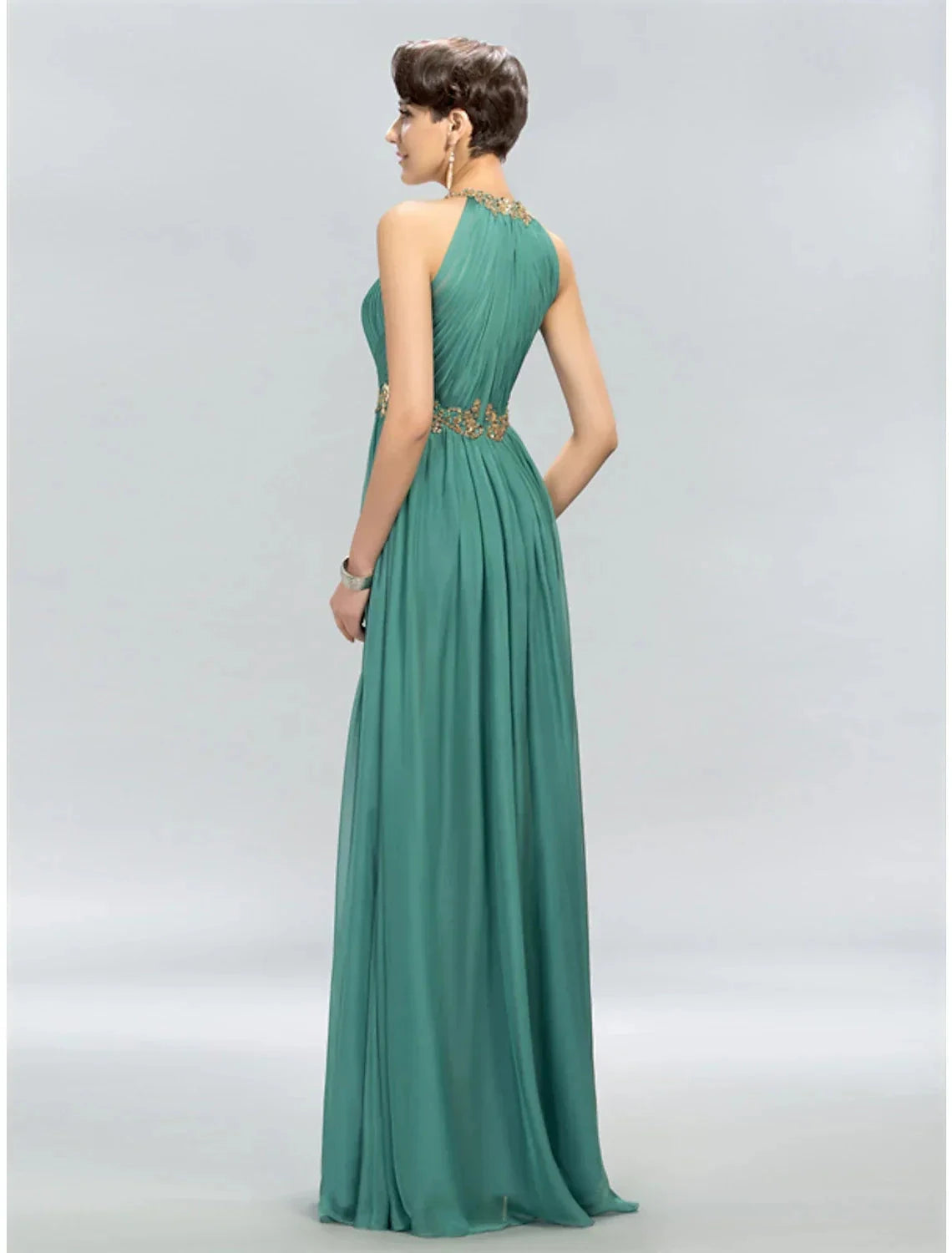 A-Line Wedding Guest Dresses Maxi Dress Party Wear Floor Length Sleeveless Halter Chiffon with Ruched Appliques by YiHuiw
