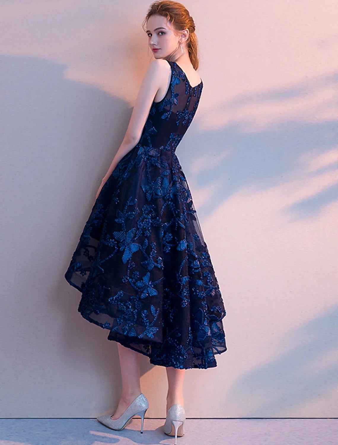 A-Line Cocktail Dresses Minimalist Dress Homecoming Party Wear Asymmetrical Sleeveless Jewel Neck Tulle with Pleats Pattern / Print by YiHuiw
