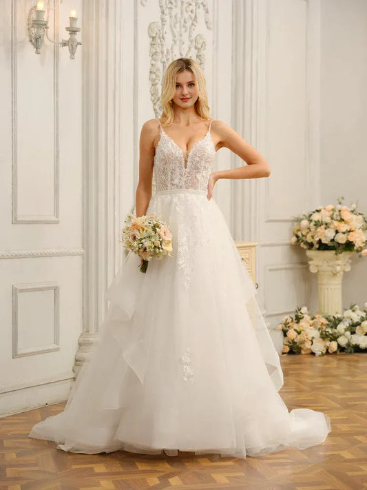 A-Line Spaghetti Strap Floor-Length Wedding Dress - Yihuiw by Yihuiw