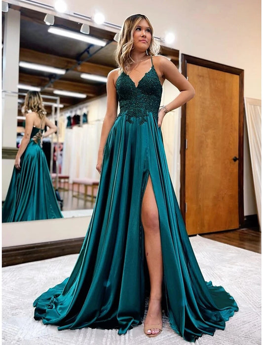 A-Line Prom Dresses Empire Dress Formal Court Train Sleeveless V Neck Satin Backless with Beading Appliques by YiHuiw