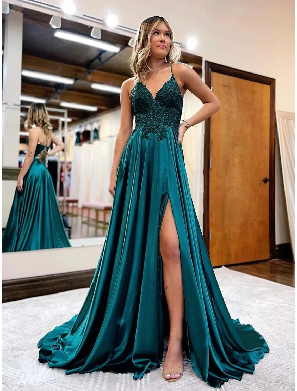 A-Line Prom Dresses Empire Dress Formal Wedding Party Court Train Sleeveless V Neck Satin Backless with Beading Appliques by YiHuiw