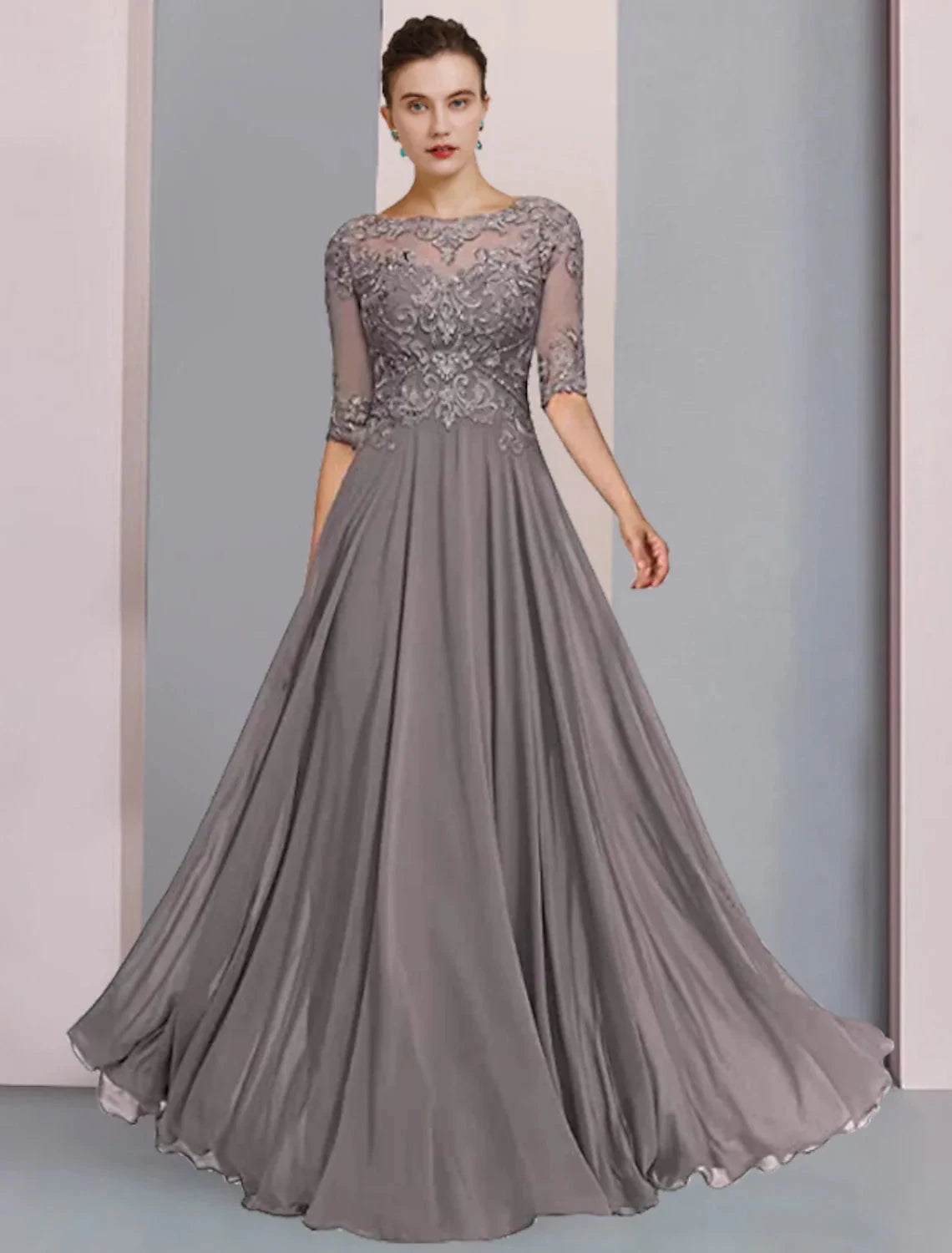 A-Line Mother of the Bride Dress Formal Wedding Guest Elegant Scoop Neck Floor Length Chiffon Lace Half Sleeve Wrap Included with Pleats Beading Appliques by YiHuiw