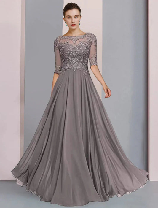 A-Line Mother of the Bride Dress Formal Wedding Guest Elegant Scoop Neck Floor Length Chiffon Lace Half Sleeve Wrap Included with Pleats Beading Appliques by YiHuiw