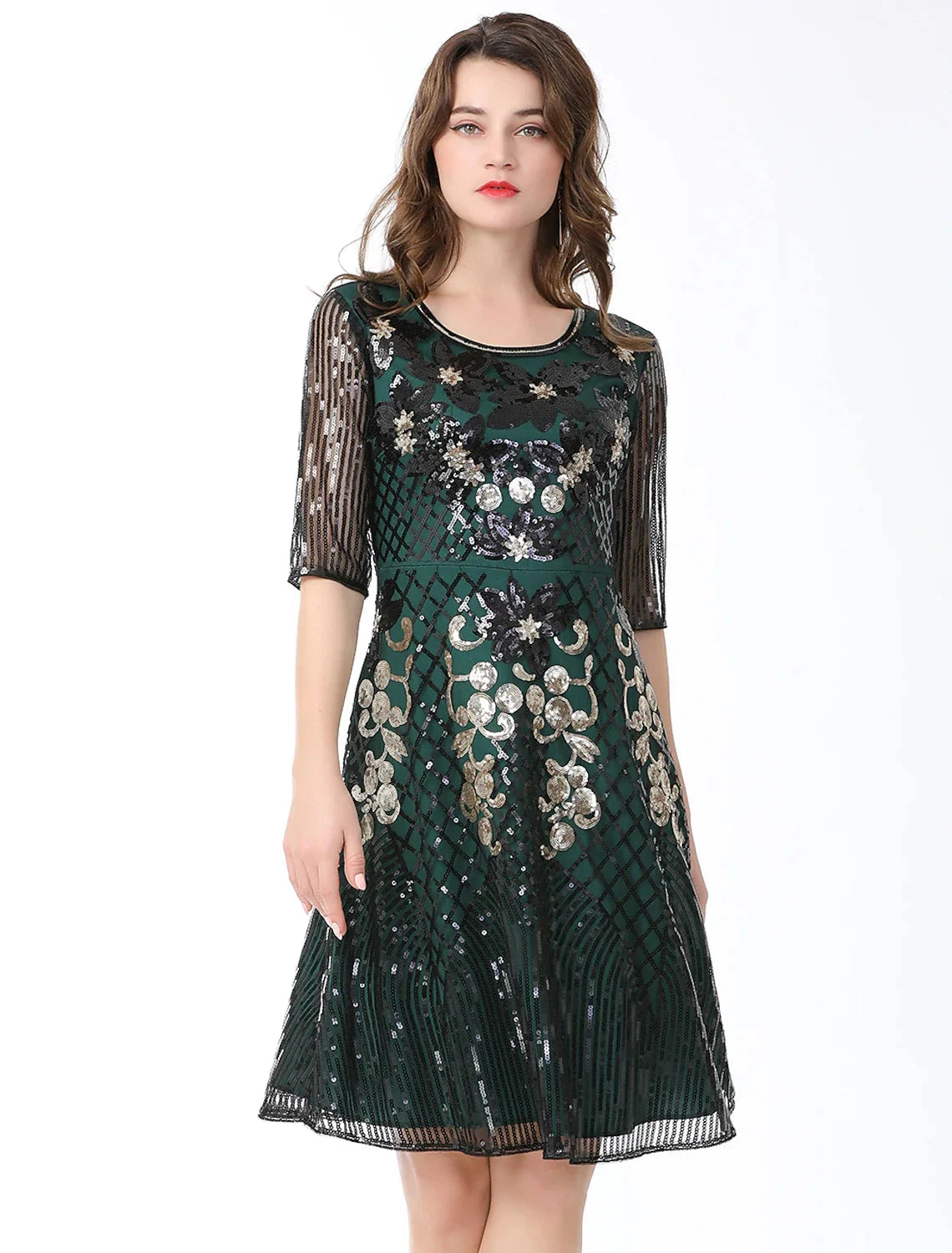 A-Line Cocktail Dresses Vintage Dress Holiday Party Wear Knee Length Half Sleeve Jewel Neck Cotton Blend with Sequin Splicing by YiHuiw