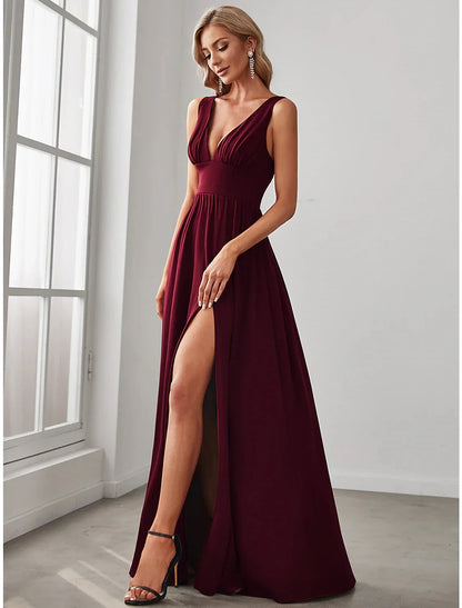 A-Line Prom Party Dress High Split Dress Wedding Guest Formal Evening Floor Length Sleeveless V Neck Bridesmaid Dress Chiffon V Back with Slit Pure Color by YiHuiw