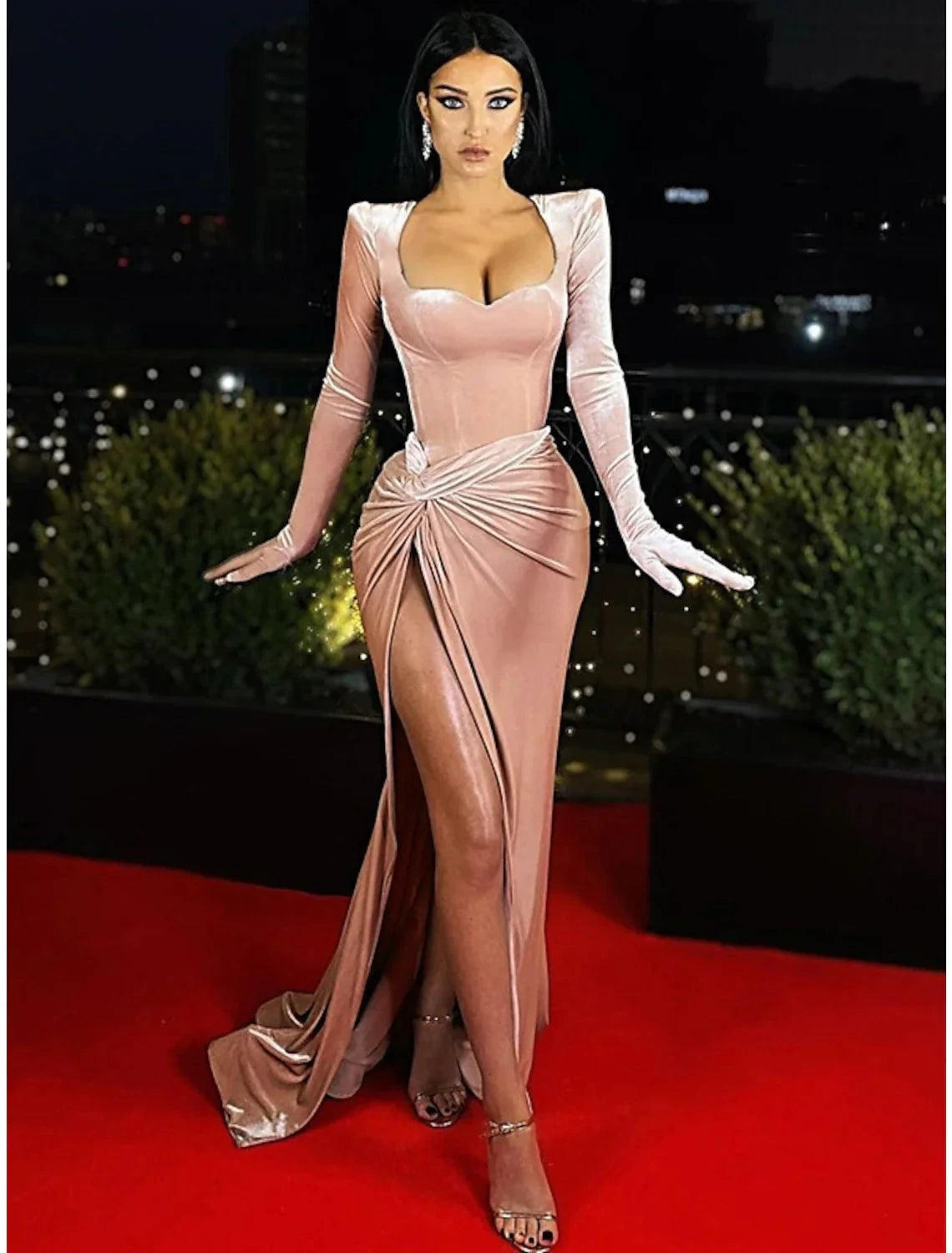 A-Line Evening Gown Party Dress Vintage Dress Formal Fall Court Train Long Sleeve Sweetheart Velvet with Ruched Slit by YiHuiw