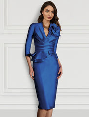 Sheath / Column Cocktail Dresses Floral Dress Formal Knee Length 3/4 Length Sleeve V Neck Fall Wedding Guest Satin with Ruched Shouder Flower
