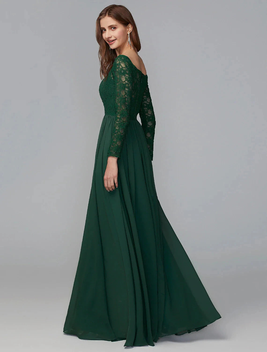A-Line Bridesmaid Dress Off Shoulder Long Sleeve Elegant Floor Length Chiffon / Lace with Lace by YiHuiw