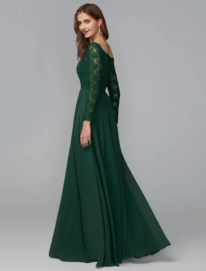 A-Line Bridesmaid Dress Off Shoulder Long Sleeve Elegant Floor Length Chiffon / Lace with Lace by YiHuiw