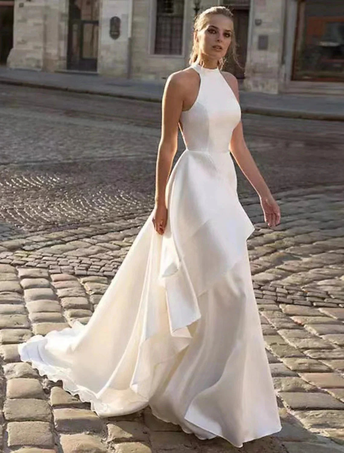 Reception Open Back Casual Wedding Dresses A-Line Halter Sleeveless Court Train Satin Bridal Gowns With Solid Color Summer Fall Wedding Party Women's Clothing by YiHuiw