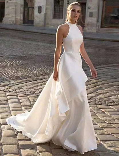 Reception Open Back Casual Wedding Dresses A-Line Halter Sleeveless Court Train Satin Bridal Gowns With Solid Color Summer Fall Wedding Party Women's Clothing by YiHuiw