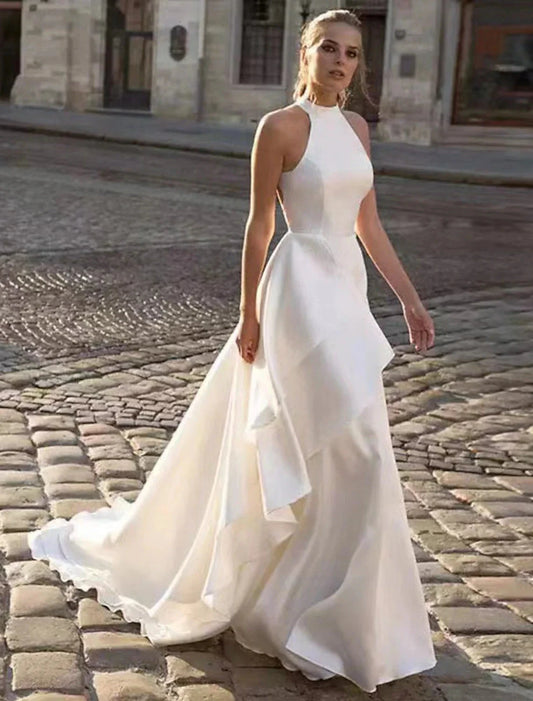 Reception Open Back Casual Wedding Dresses A-Line Halter Sleeveless Court Train Satin Bridal Gowns With Solid Color Summer Fall Wedding Party Women's Clothing by YiHuiw