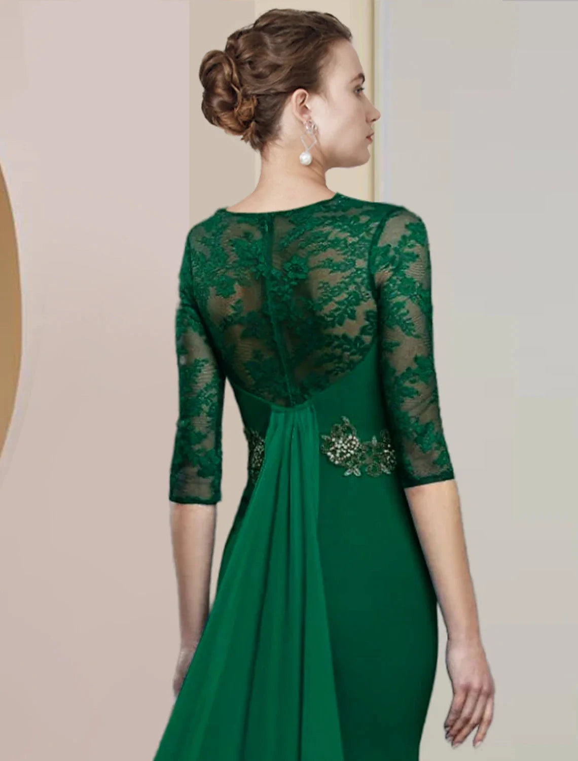 Sheath / Column Mother of the Bride Dress Formal Wedding Guest Elegant Scoop Neck Floor Length Chiffon Lace Half Sleeve with Appliques by YiHuiw