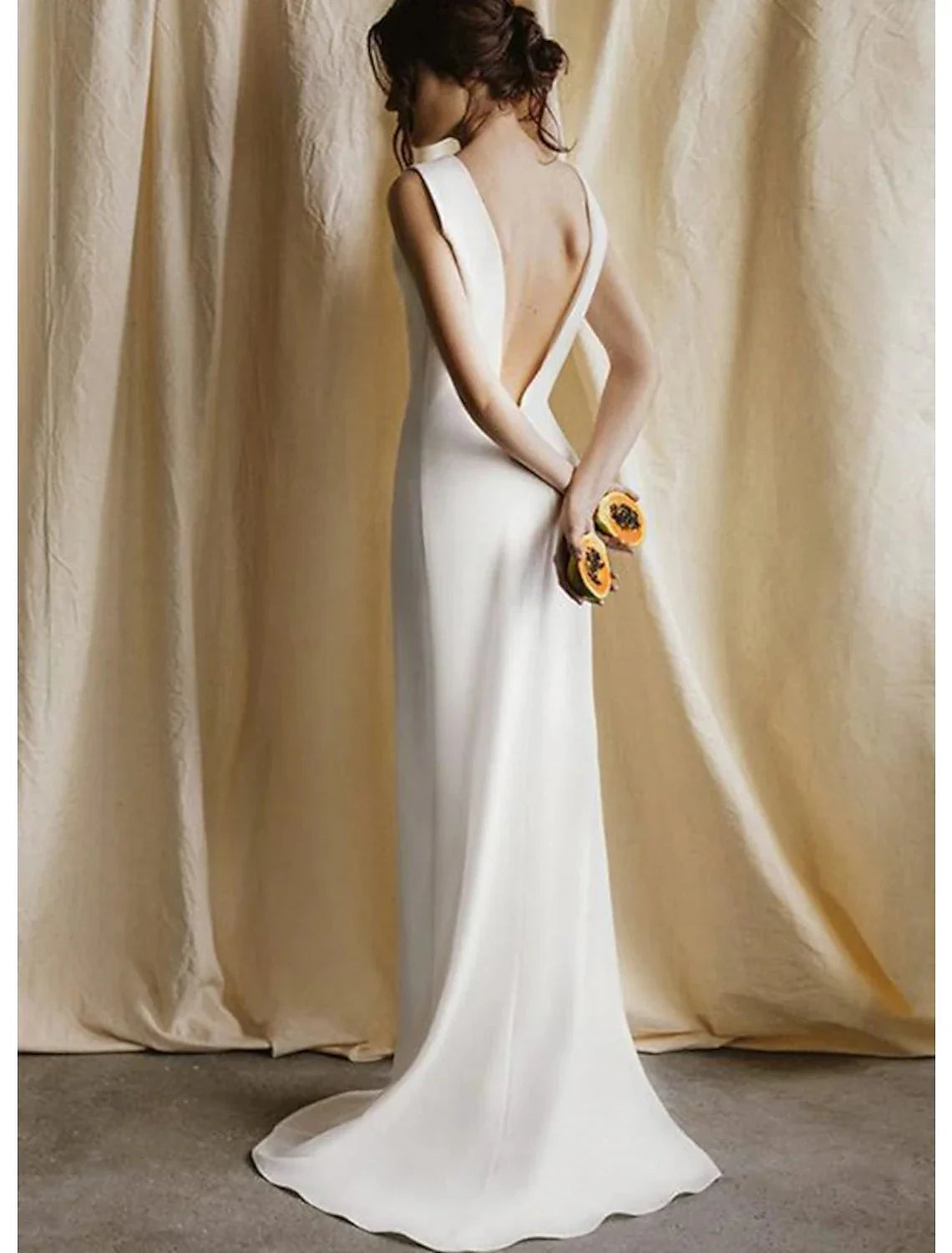 Reception Open Back Casual Wedding Dresses Sheath / Column Scoop Neck Sleeveless Sweep / Brush Train Satin Bridal Gowns With Solid Color Summer Fall Wedding Party Women's Clothing by YiHuiw