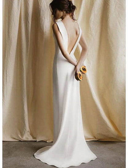Reception Open Back Casual Wedding Dresses Sheath / Column Scoop Neck Sleeveless Sweep / Brush Train Satin Bridal Gowns With Solid Color Summer Fall Wedding Party Women's Clothing by YiHuiw