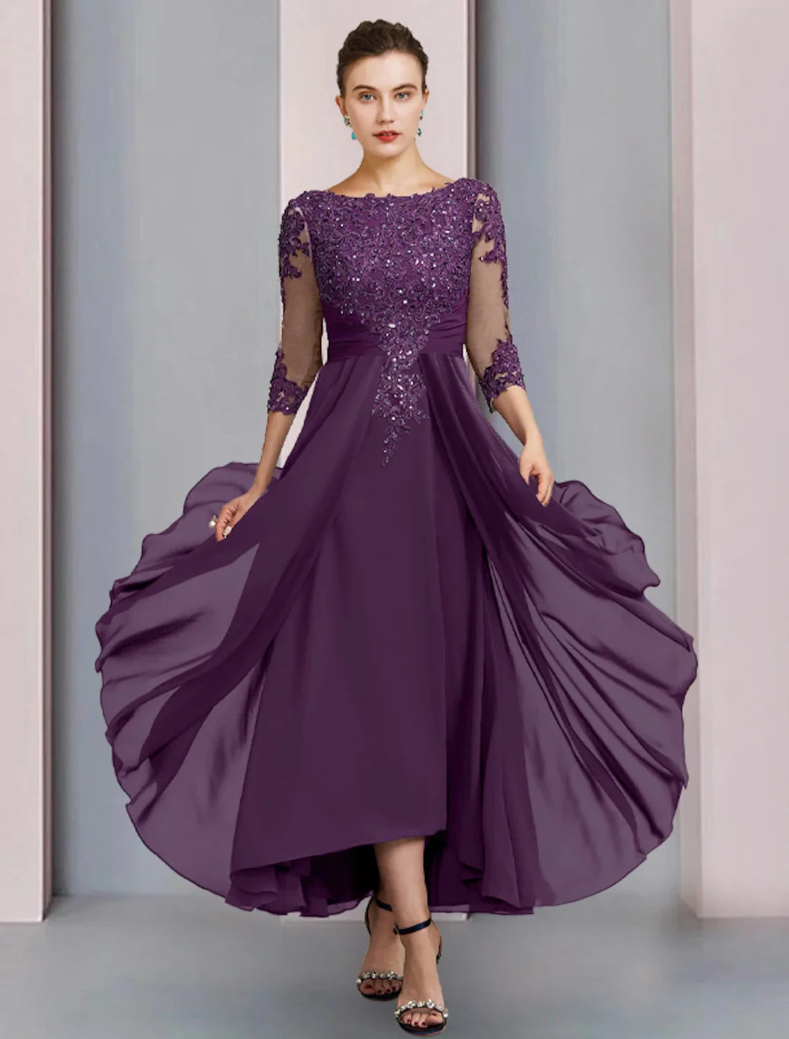 Sheath / Column Mother of the Bride Dress Wedding Guest Party Elegant Scoop Neck Ankle Length Chiffon Lace 3/4 Length Sleeve with Pleats Sequin by YiHuiw