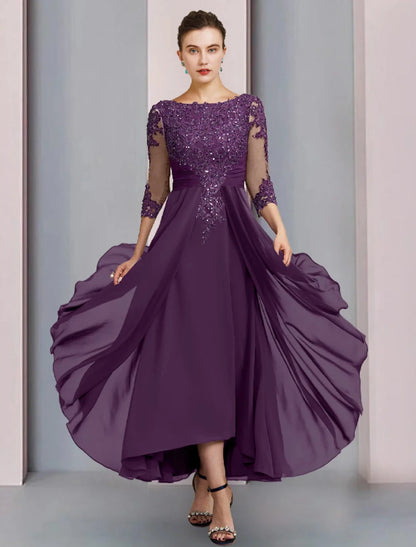 Sheath / Column Mother of the Bride Dress Wedding Guest Party Elegant Scoop Neck Ankle Length Chiffon Lace 3/4 Length Sleeve with Pleats Sequin by YiHuiw