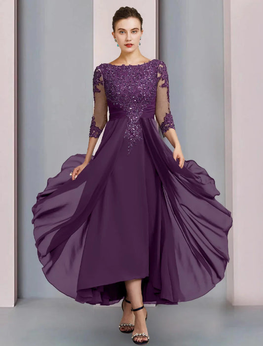 Sheath / Column Mother of the Bride Dress Wedding Guest Party Elegant Scoop Neck Ankle Length Chiffon Lace 3/4 Length Sleeve with Pleats Sequin by YiHuiw