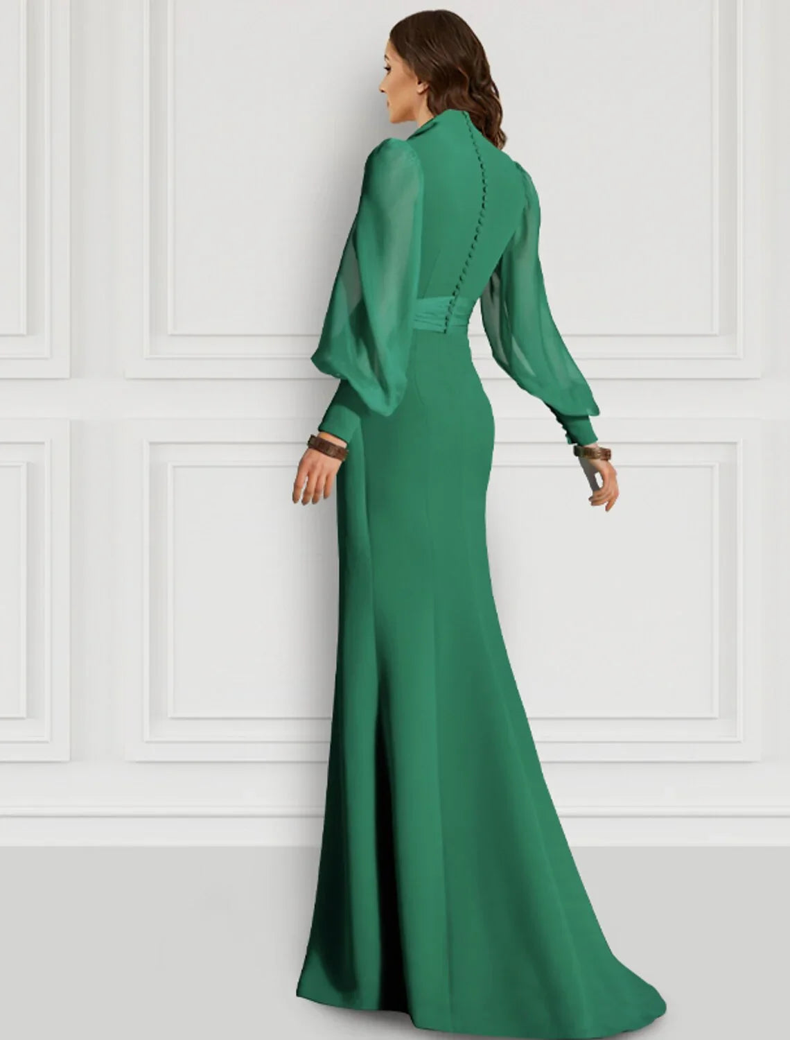 Sheath Evening Gown Sage Mother Elegant Dress Formal Sweep / Brush Train Long Sleeve V Neck Chiffon with Slit Strappy by YiHuiw