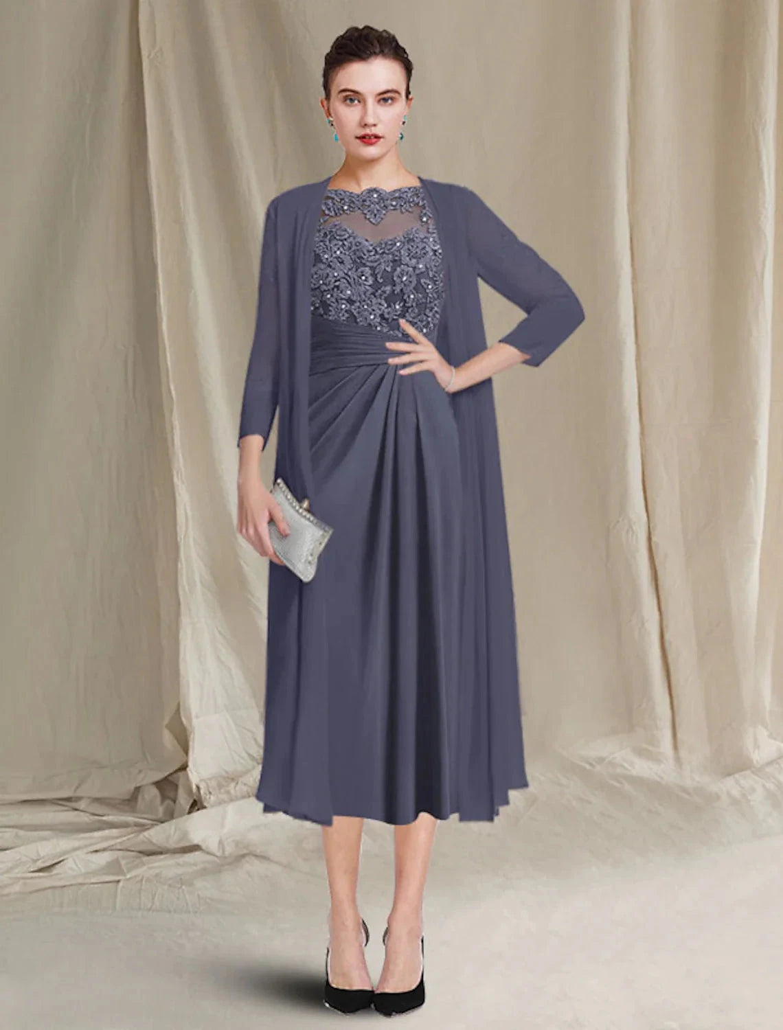 Two Piece A-Line Mother of the Bride Dress Plus Size Elegant Jewel Neck Tea Length Chiffon Lace Half Sleeve Jacket Dresses with Crystals Appliques by YiHuiw