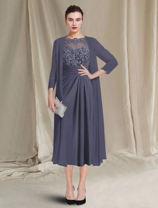 Two Piece A-Line Mother of the Bride Dress Plus Size Elegant Jewel Neck Tea Length Chiffon Lace Half Sleeve Jacket Dresses with Crystals Appliques by YiHuiw
