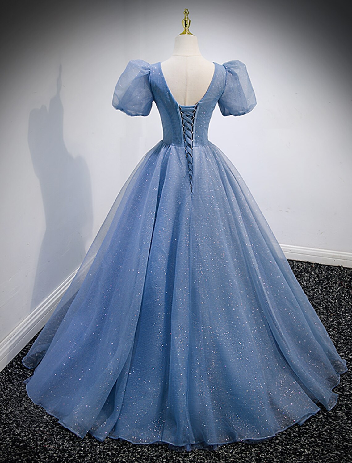 A-Line Prom Dresses Puffy Dress Quinceanera Floor Length Short Sleeve V Neck Tulle with Sequin by YiHuiw