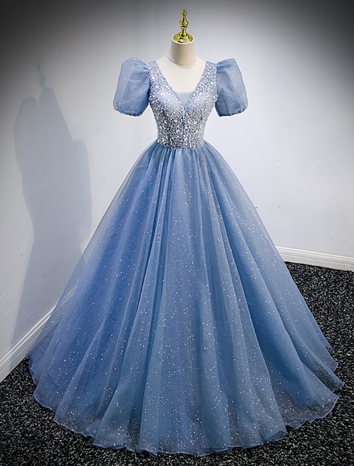 A-Line Prom Dresses Puffy Dress Quinceanera Floor Length Short Sleeve V Neck Tulle with Sequin by YiHuiw