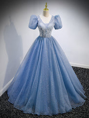 A-Line Prom Dresses Puffy Dress Quinceanera Floor Length Short Sleeve V Neck Tulle with Sequin