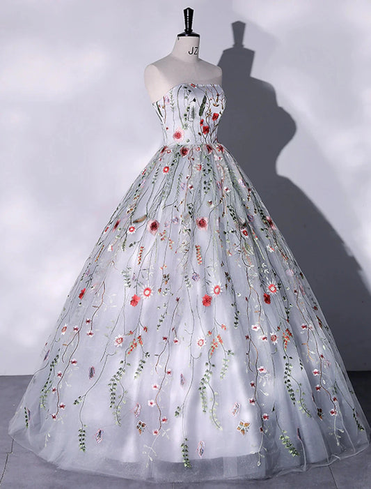Ball Gown Evening Gown Elegant Dress Quinceanera Birthday Floor Length Sleeveless Strapless Lace with Slit Embroidery Appliques by YiHuiw