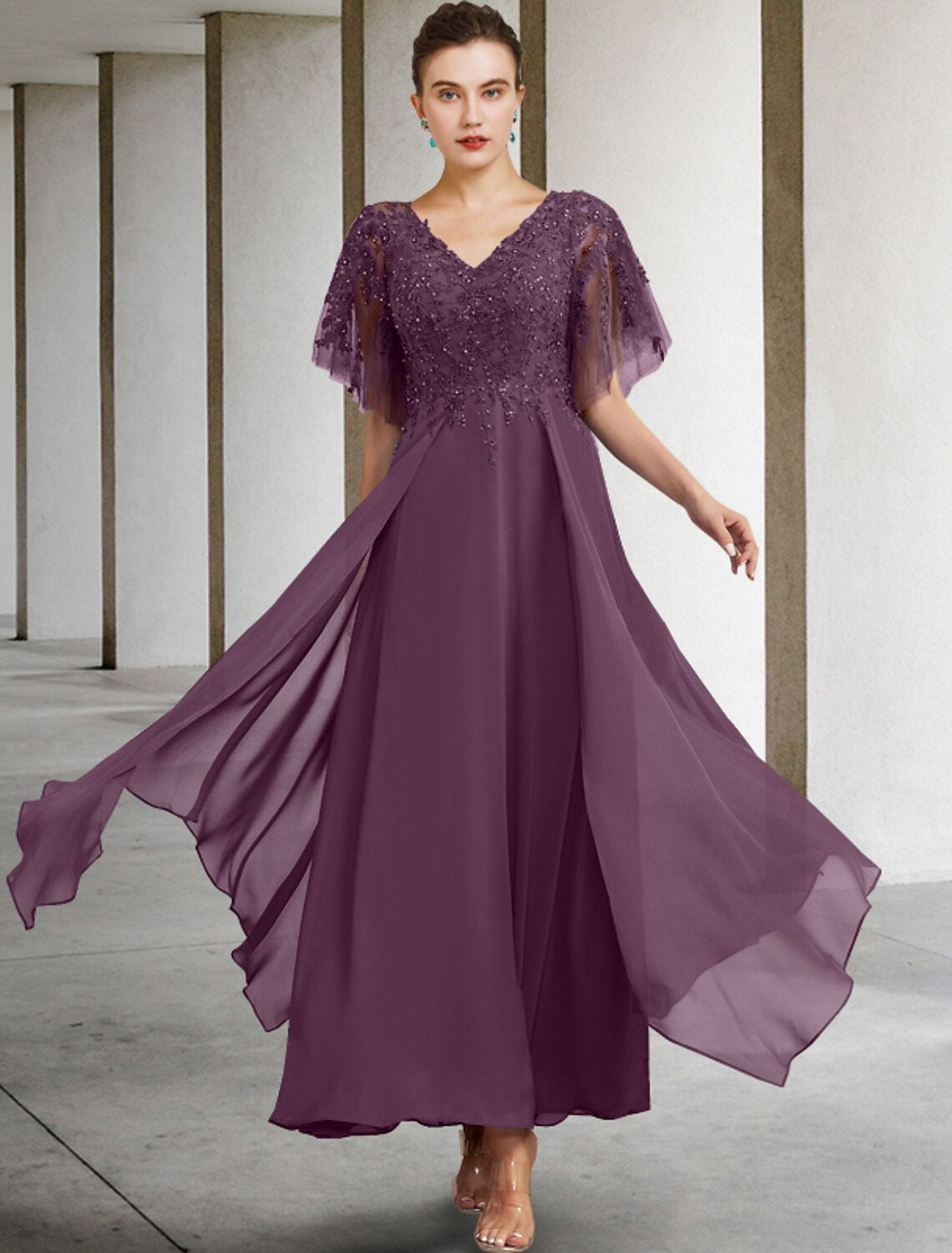 A-Line Plus Size Curve Mother of the Bride Dress Elegant Jewel Neck Ankle Length Chiffon Lace Short Sleeve with Beading Sequin Appliques by YiHuiw