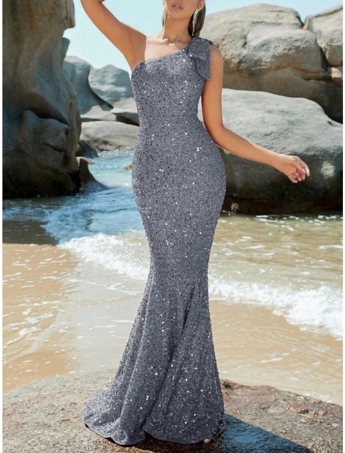 Mermaid / Trumpet Evening Gown Sparkle & Shine Dress Formal Fall Sweep / Brush Train Sleeveless One Shoulder Sequined with Glitter Shouder Flower by YiHuiw
