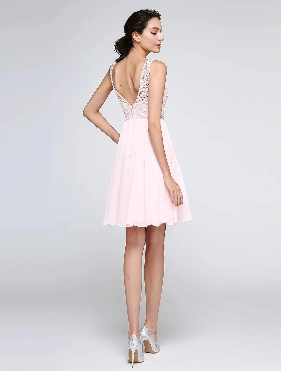 A-Line Special Occasion Dresses Party Dress Homecoming Graduation Short / Mini Sleeveless Illusion Neck Pink Dress Chiffon V Back Low Back with Crystals by YiHuiw