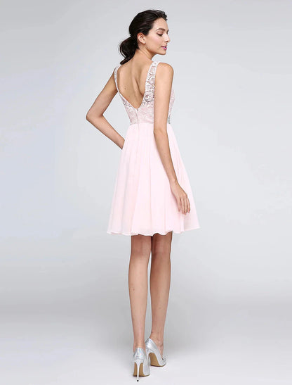 A-Line Special Occasion Dresses Party Dress Homecoming Graduation Short / Mini Sleeveless Illusion Neck Pink Dress Chiffon V Back Low Back with Crystals by YiHuiw