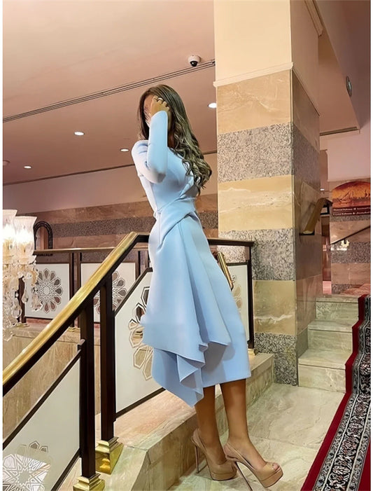 Sheath / Column Cocktail Dresses Elegant Dress Formal Fall Knee Length Long Sleeve Jewel Neck  Fabric with Pleats Ruched