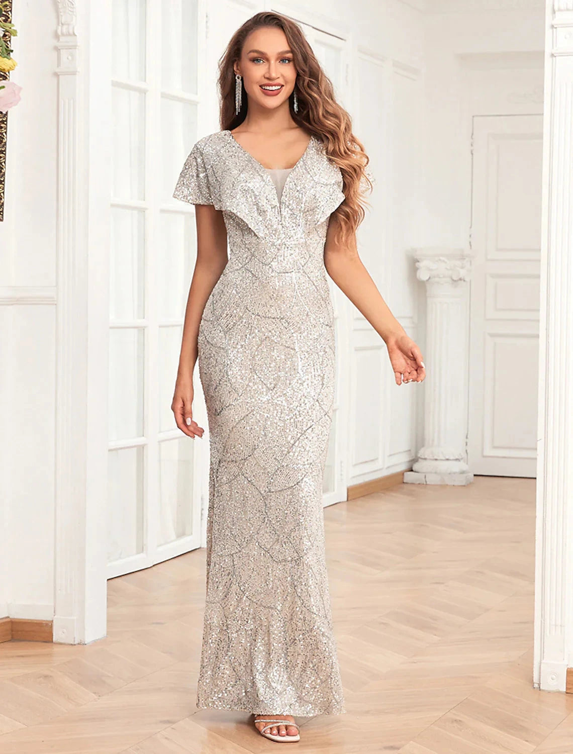 Mermaid / Trumpet Evening Gown Elegant Dress Evening Party Prom Floor Length Short Sleeve V Neck Fall Wedding Reception Sequined V Back with Sequin by YiHuiw