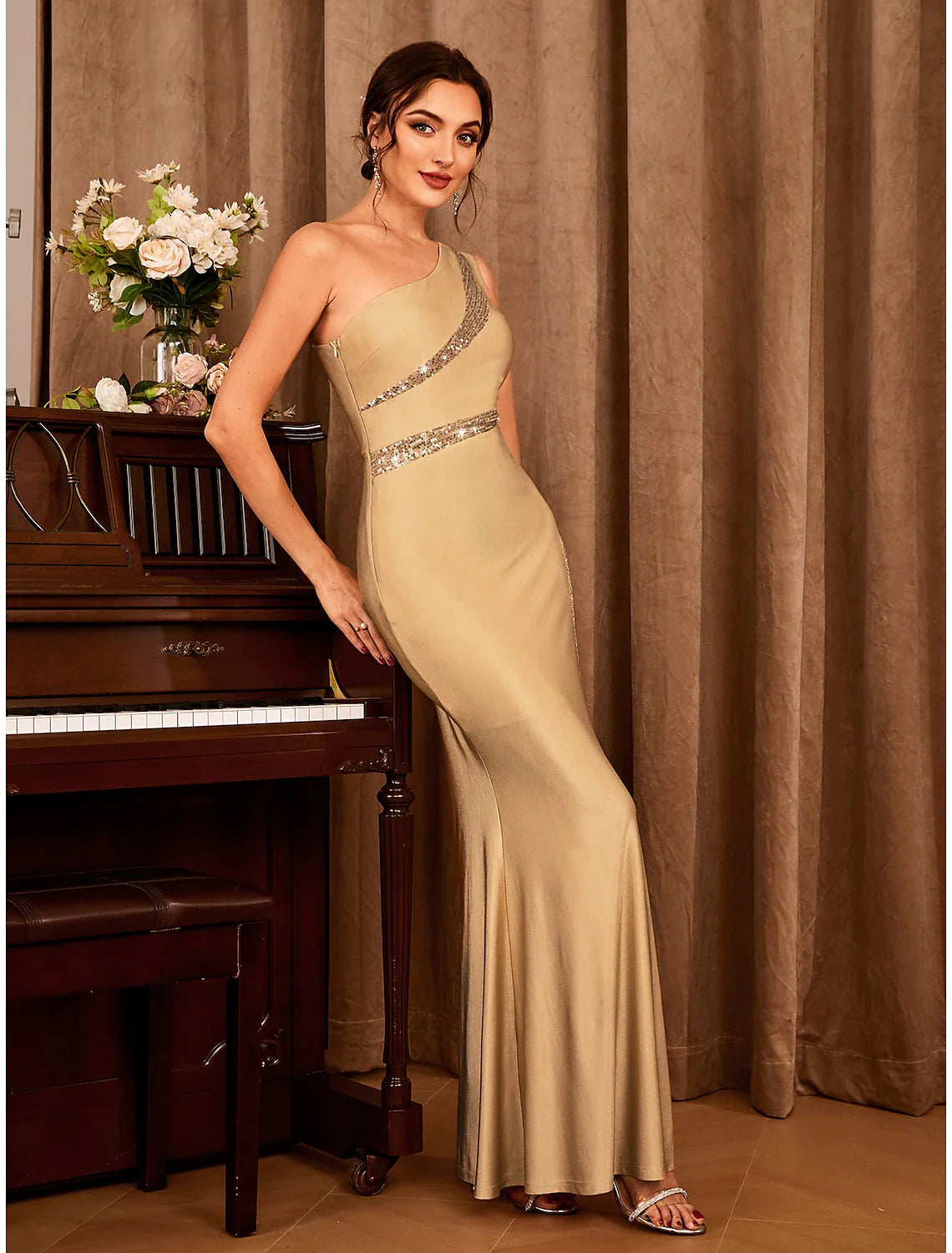 Mermaid / Trumpet Party Dresses Sexy Dress Wedding Party Semi Formal Floor Length Sleeveless One Shoulder  Satin with Glitter