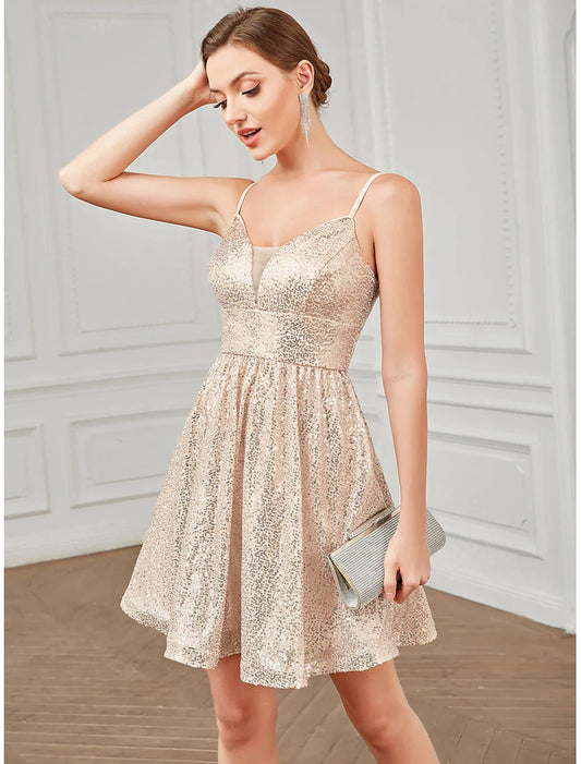 A-Line Homecoming Dresses Vintage Dress Homecoming Party Wear Short / Mini Sleeveless V Neck Pink Dress Sequined with Glitter Sequin by YiHuiw