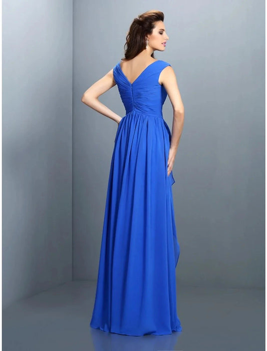 A-Line Evening Gown Sparkle & Shine Dress Wedding Guest Floor Length Sleeveless V Neck Chiffon with Rhinestone Ruched Sequin by YiHuiw