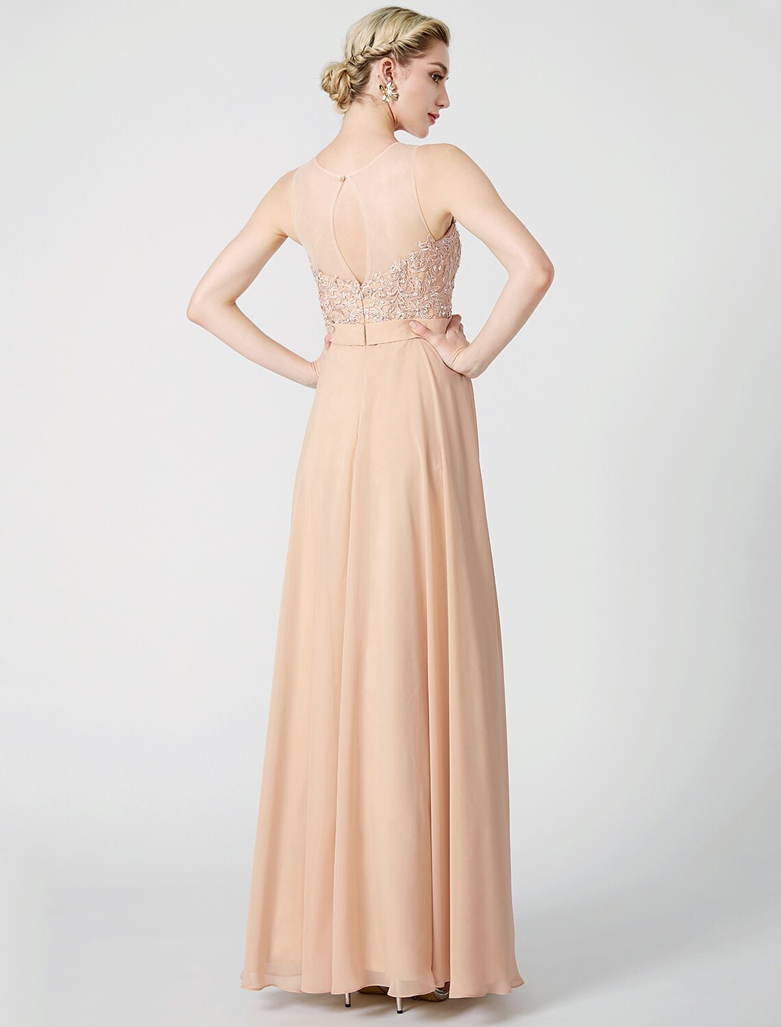 A-Line Classic & Timeless Keyhole Pastel Colors Holiday Cocktail Party Prom Dress Illusion Neck Sleeveless Floor Length Chiffon Beaded Lace with Pleats Appliques by YiHuiw