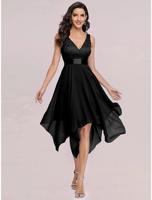 A-Line Cocktail Dresses Party Dress Homecoming Wedding Guest Asymmetrical Sleeveless V Neck Chiffon V Back with Pure Color Splicing by YiHuiw