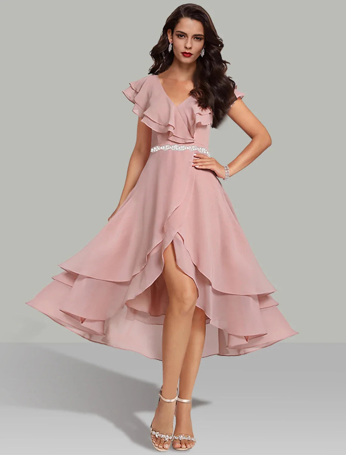 A-Line Wedding Guest Dresses Tiered Plisse Dress Cocktail Party Semi Formal Tea Length Short Sleeve V Neck Belt / Sash Chiffon with Beading by YiHuiw