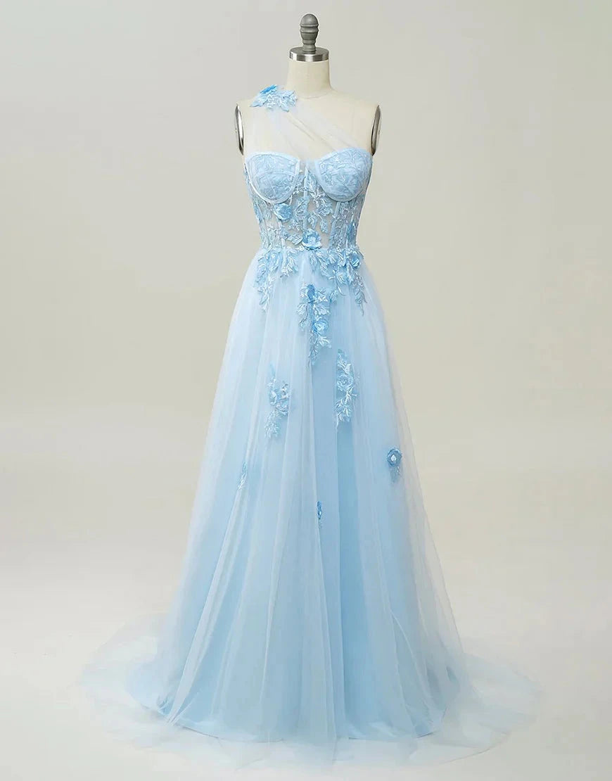A-Line Prom Dresses Color Block Dress Formal Wedding Party Sweep / Brush Train Sleeveless One Shoulder Tulle Backless with Pleats Appliques by YiHuiw
