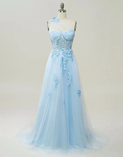 A-Line Prom Dresses Color Block Dress Formal Wedding Guest Sweep / Brush Train Sleeveless One Shoulder Tulle Backless with Pleats Appliques by YiHuiw