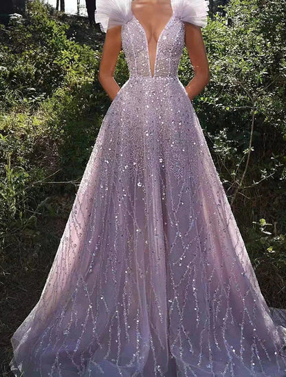 A-Line Prom Dresses Sparkle & Shine Dress Formal Wedding Party Floor Length Sleeveless V Neck Sequined Backless with Sequin by YiHuiw