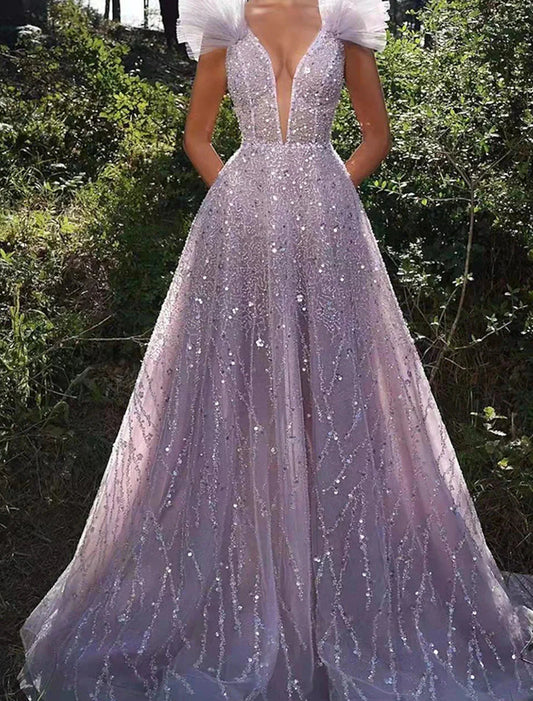 A-Line Prom Dresses Sparkle & Shine Dress Formal Wedding Party Floor Length Sleeveless V Neck Sequined Backless with Sequin by YiHuiw