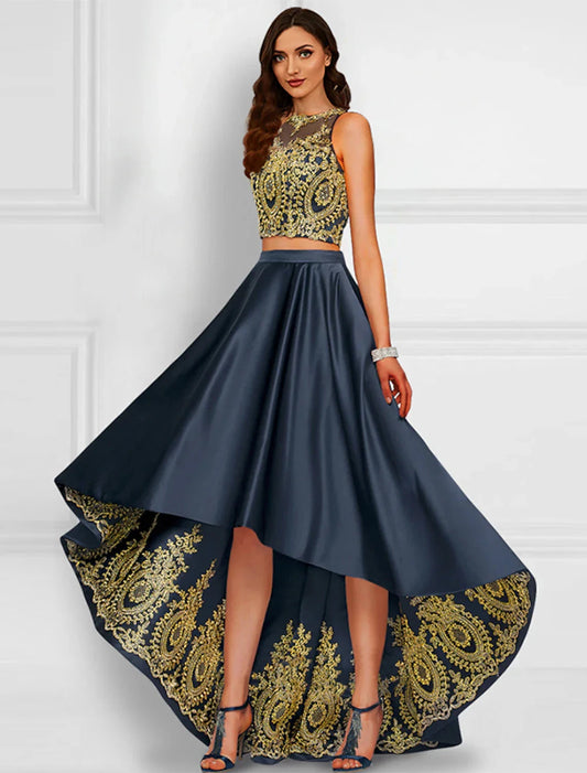 Two Piece Cocktail Dresses Sparkle & Shine Dress Wedding Guest Prom Asymmetrical Sleeveless Jewel Neck Charmeuse with Appliques by YiHuiw