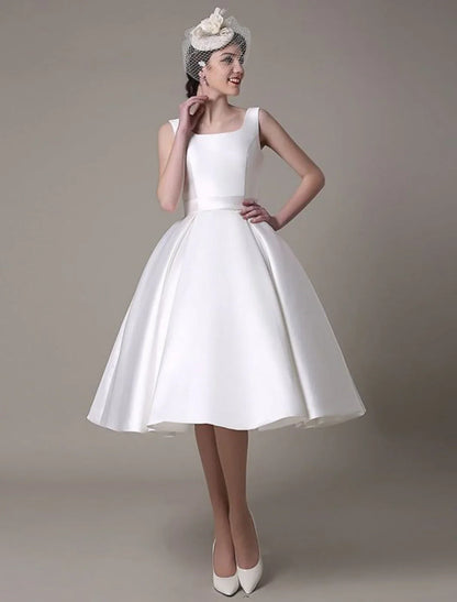 A-Line Cocktail Dresses Party Dress Graduation Wedding Guest Knee Length Sleeveless Square Neck Satin with Pleats by YiHuiw