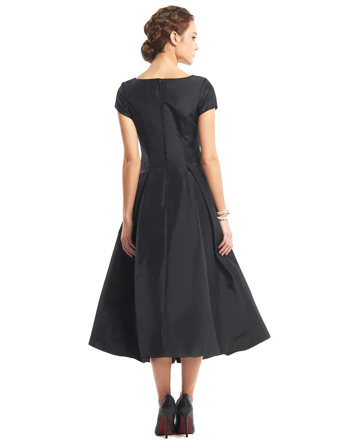 A-Line Black Dress Vintage Homecoming Wedding Guest Tea Length Short Sleeve Boat Neck Taffeta with Buttons by YiHuiw