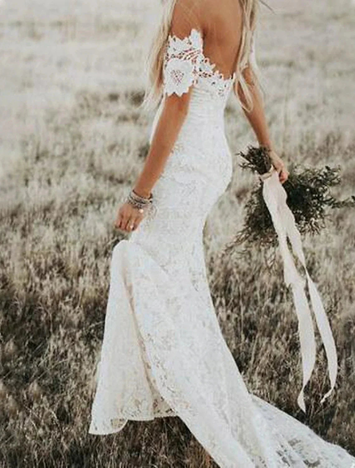 Beach Boho Wedding Dresses Mermaid / Trumpet Off Shoulder Cap Sleeve Chapel Train Lace Bridal Gowns With Appliques Solid Color Summer Wedding Party by YiHuiw