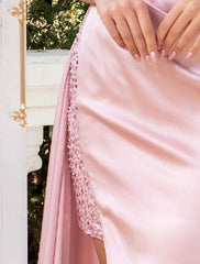 Sheath / Column Evening Gown Sexy Dress Wedding Party Court Train Sleeveless One Shoulder Satin with Pearls Sequin Slit